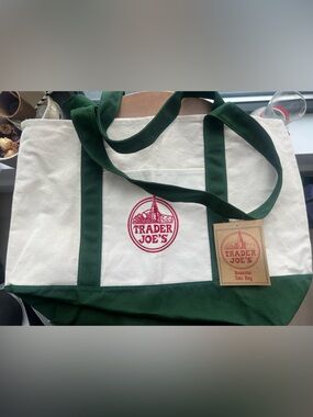 Trader Joe's Green & Cream Reusable Canvas Tote Bag